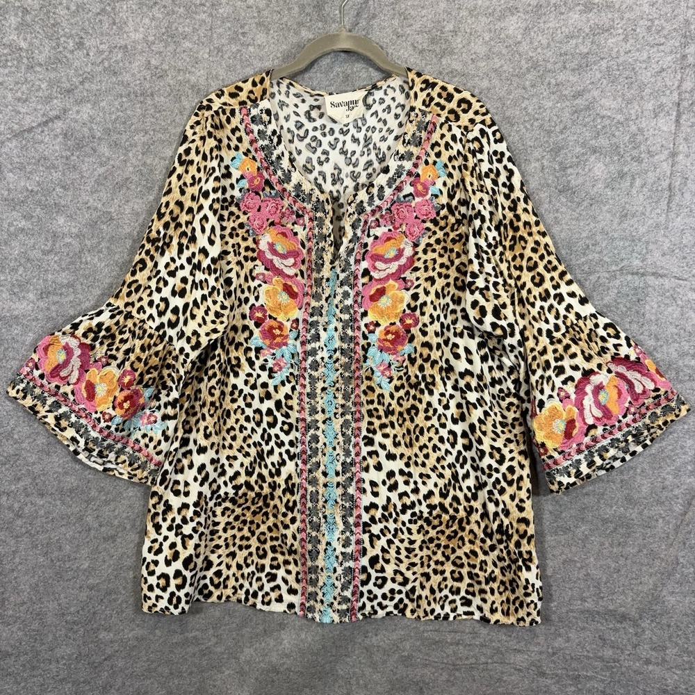 Savanna Jane Tunic Blouse Womens 3X Brown Leopard Embroidered Floral Boho